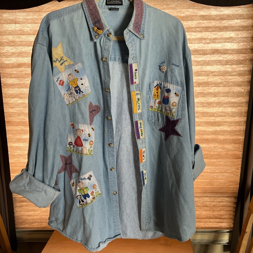 Unique vintage Denim Patchwork Shirt. Size XL
